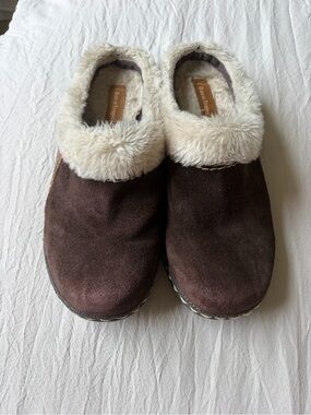 BareTraps Brown Suede Clog Mules with Cream Faux-Fur Trim